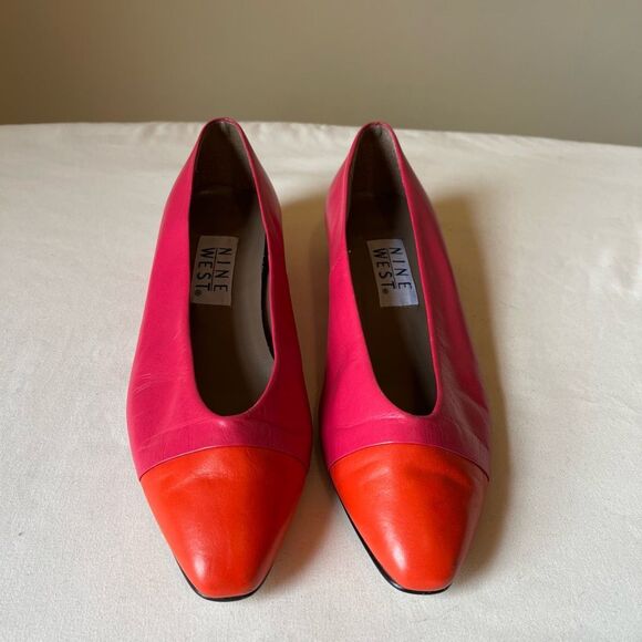 Vintage Nine West Pink Orange Leather Cap Toe Pumps Block Heel Size 6.5 - Picture 1 of 8